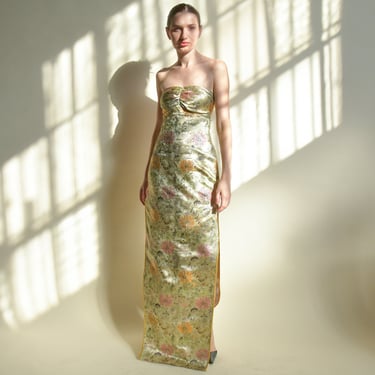 3223d / strapless floral brocade evening dress 