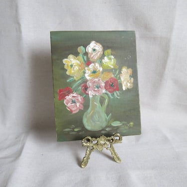 Vintage floral oil painting, still life, flowers, moody, cottage, shabby, 8x10 