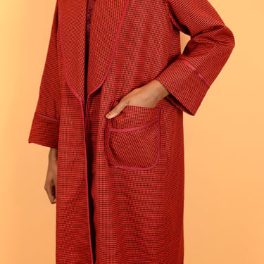 Vintage Red Mini Houndstooth Extended Trench Coat / Medium Large 