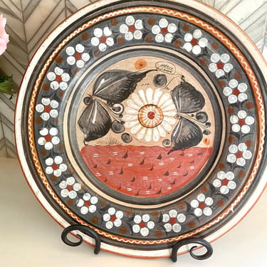 Vintage Mexican Tonala Pottery Plate, Featuring White Flowers, Gray Butterflies, Retro Orange and Grey, Southwest Hanging Wall Plate Decor 