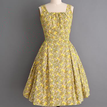 Vintage 1950s Dress | Golden Yellow Rose Floral Print Full Skirt MCM Cotton Dress | Medium 