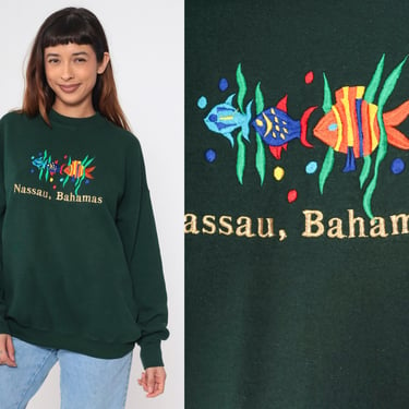 90s Nassau Bahamas Sweatshirt Dark Green Tropical Fish Crewneck Retro Caribbean Embroidered Pullover 1990s Graphic Vintage Extra Large xl 