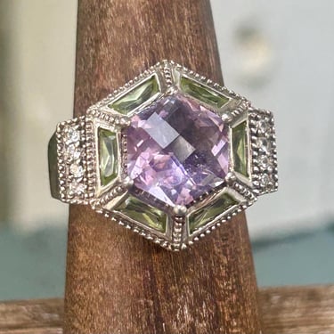 Sterling Silver Ring With Green And Purple Stone Vintage Ornate Retro Size 7 Art Deco 