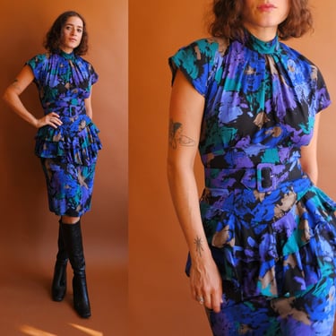 Vintage 80s Floral Peplum Belted Dress/ 1980s Rayon Mock Neck Dress/ Size XS Small 