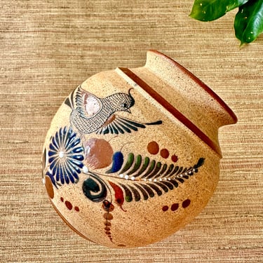 Vintage Tonala Vase - Mexican Hand Painted Folk Art Pottery - Sandstone with Bird and Foliage 