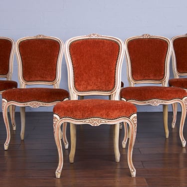 Antique French Louis XV Style Painted Dining Chairs W/ Burnt Orange Fabric - Set of 6 