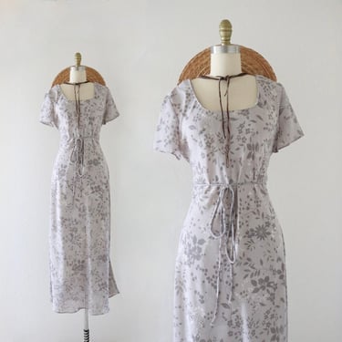 chiffon maxi dress - l - vintage 90s y2k light gray floral flowery long ankle womens shirt sleeve sheer size large spring summer dress 