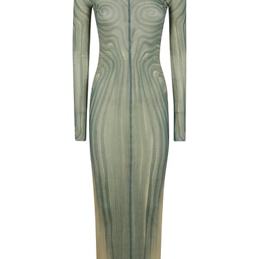 Jean Paul Gaultier Women Mesh Long Dress Printed "Spiral" With Gathers