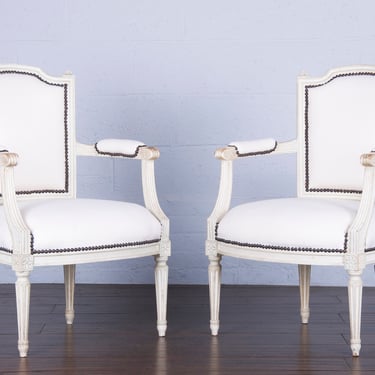 Antique French Louis XVI Style Painted Armchairs W/ White Wool - A Pair 