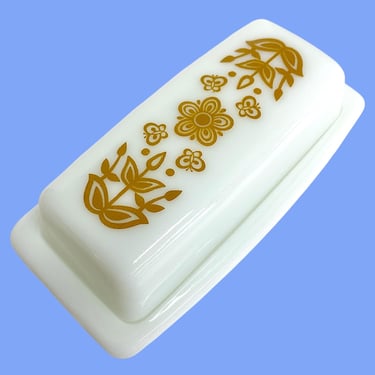 Vintage Pyrex Butter Dish Retro 1970s Mid Century Modern + Butterfly Gold + 72B + White and Yellow Ceramic + Kitchen Storage + Organization 