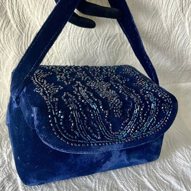 Blue Velvet Box Purse, Beaded Handbag, Iridescent Beads Embellished, Vintage 