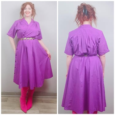1980s Vintage Purple Fit and Flared Shirt dress / 80s / Eighties Cotton Side Button Skirt Day Dress / Size Large 