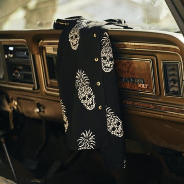 Permanent Vacation Button-Up Shirt | Pineapple Skull All Over Print | Tattoo Flash | Cool Tiki Button Down Shirt | Pyknic 