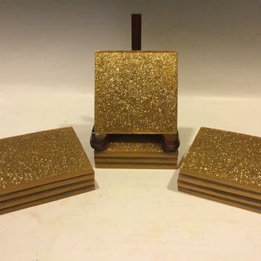 12 gold Cloverleaf Tableaux Drink Coasters, Gold Glitter Resin coasters, living room decor, sparkly home accents, glam Christmas 