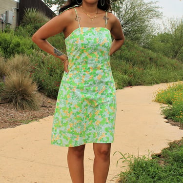 Vintage Lilly Pulitzer Frog Print Cotton Sundress, Green Yellow White Summer Dress, 4 Women, Spaghetti Straps 