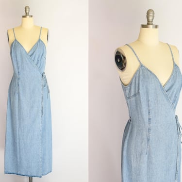 1990s Vintage Denim Wrap Dress, Laundry by Shelli Segal | S/M | Chambray Maxi Dress 