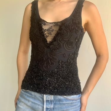 Y2K Black Tank with Embroidery Ruffle Details and Lace by VintageRosemond