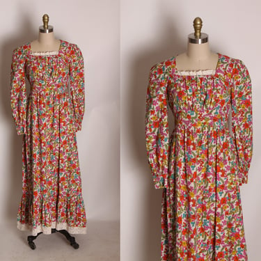 1970s Pink, Red and Blue Floral Flower Power 3/4 Length Sleeve Prairie Cottagecore Dress -M 