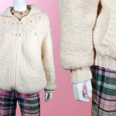 Irish wool vintage handknit bouclé sweater/jacket. 1960s, zip-up, cream, warm, large collar, chunky ribbing, yarn balls (M/L) 