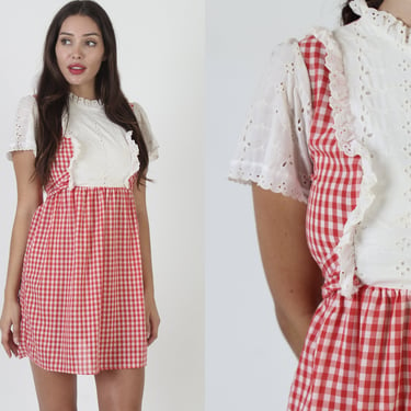 Country Picnic Gingham Micro Mini Dress / Vintage 70s Red White Checker Print / Cute Puff Sleeve Short Summer Frock 