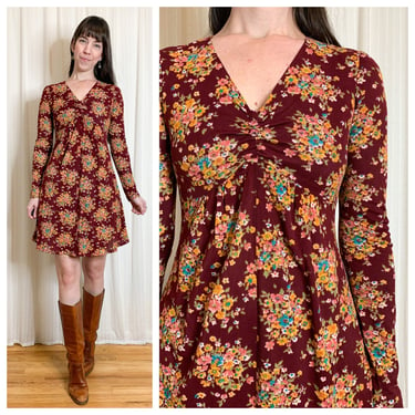 70s maroon floral handmade mini dress 