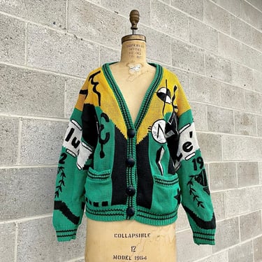 Vintage Cardigan Retro 1990s Stop! + Pop Art + Y2K + Green + Yellow + Black + One Size + Hand Knit + Le Club + 1992 + Punctuation + Symbols 