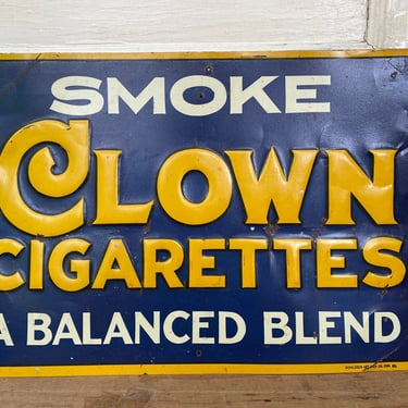 Antique Clown Cigarettes Embossed Tin Sign, Navy Blue Yellow Sign, Tobacciana, Man Cave, Bar Wall Decor, Antique Advertising 