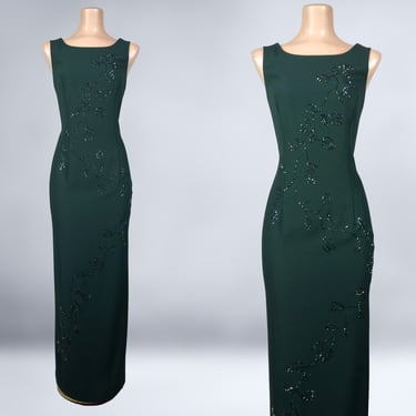 VINTAGE 80s 90s Sleek Hunter Green Beaded Formal Dress By Absolute Necessities Size 10 | 1980s 1990s Sexy Side Slit Dress Mother of the VFG 