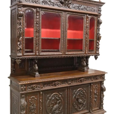 Antique Sideboard, Hunt, French Henri II Style, Carved, Oak, Beveled Glass 1800s