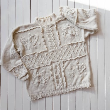 white mockneck sweater | 90s vintage pompom knit embroidered hearts heavy white cotton oversized turtleneck sweater 