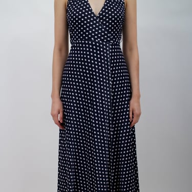 1970s Navy Blue Polka Dot Maxi Wrap Halter Dress