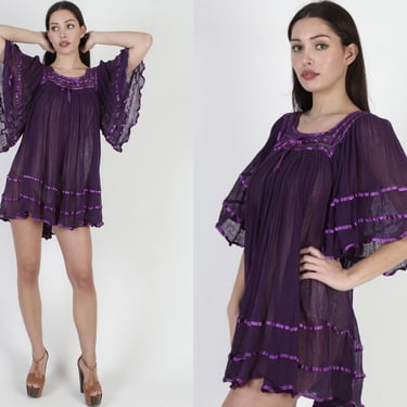 Large Kimono Sleeve Purple Gauze Mini Dress, Satin Ribbon Trim Crochet, Vintage Mexican Tropical Vacation Cover Up 