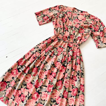 1980s Rose Print Dress 