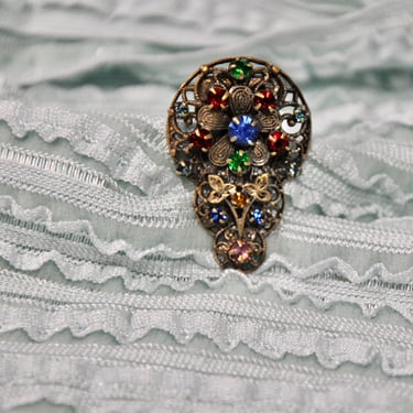 Antique Art Deco Dress or Fur Clip Filigree Openwork Czech Multi Color Crystals Ornate Detail Collectible Brilliant Gift for Her c. 1910 