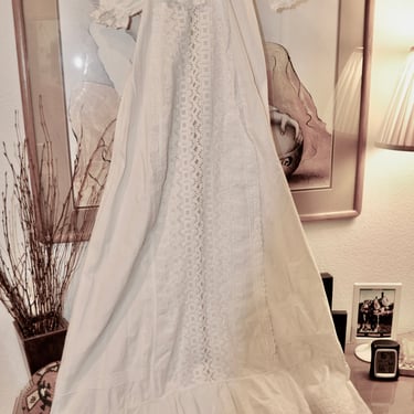 Exceptional  Heirloom Long Christening Gown Handmade Embroidery Ayrshire Lace Collectible Baby Dress Wedding Costume Antique Rare 