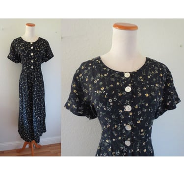 Vintage 90s Dark Floral Babydoll Midi Dress Grunge Rayon Sunflower Print Short Sleeve - Size Large 