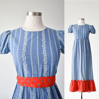 Vintage 1970s Maxi Dress / Vintage Blue White & Red Dress / Vintage Prairie Dress / 1970s Prairie Dress Small / Blue Prairie Dress XS 