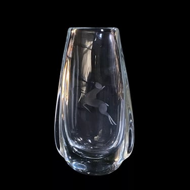 Mid-Century Modern Swedish Sculpted Glass Vase w/ Etched Impala Motif