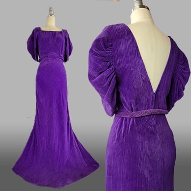 1930s Silk Velvet Dress / 1930s Purple Velvet Low Back Gown / Purple Evening Gown / Size Small Size  Medium 