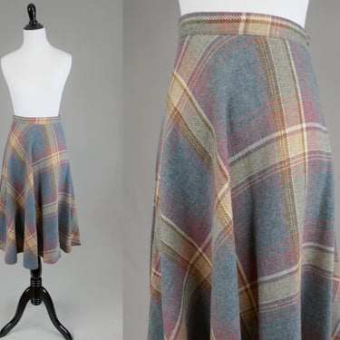 70s Tomboy Plaid Skirt - 25" waist - Gray-Blue Beige Cream Brown Pink-Purple - Full Cut - Wool Blend - Vintage 1970s - XS 