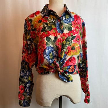 90’s Silk button down blouse boxy loose oversized fit 1980s 1990s y2k trends bright colorful floral print Hawaiian vibes /size Medium 