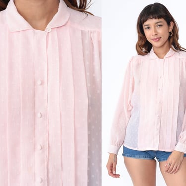 Baby Pink Blouse 80s Embossed Shirt Vintage Puff Sleeve Blouse Semi-Sheer Pleated Secretary Button Up Shirt Long Sleeve Polka Dot Medium 10 