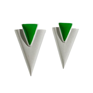Vintage Retro White and Green Double Triangle Metal Earrings 