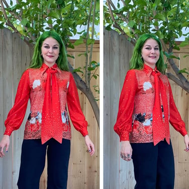 Vintage 1970’s Red, Grey and Black Floral Blouse 