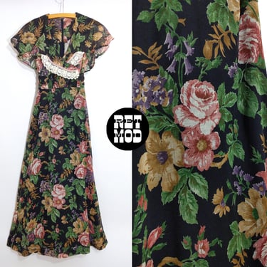 Beautiful Vintage 60s 70s Woodland Floral Cotton Maxi Dress with Attached Capelet Top 