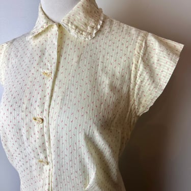 Vintage baby soft cotton shirt Lacy peterpan collar sweet buttery yellow red dotted micro print~ fine sheer light summer top~ Small 