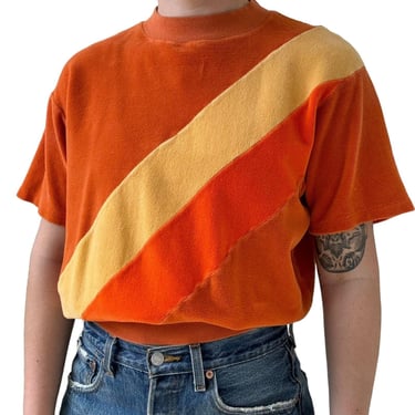 Vintage 1970s Womens Orange Velvet Retro Psychedelic Mid Mod Short Sleeve Tee 