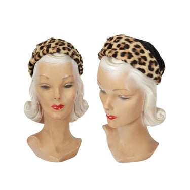1940s Leopard Print Pillbox Hat - 1940s Leopard Print Hat - 1940s Black Pillbox Hat - 1940s Womens Hat - Vintage Leopard Print Hat 