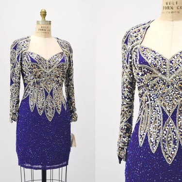 90s Vintage Sequin Dress Blue Purple Silver Gold Beaded Sequin Party Dress Small Medium// Vintage 90s Sequin Pageant Glam Party Dress 