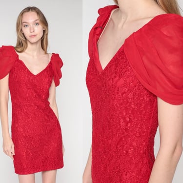 Red Lace Dress 90s Party Dress Mini Pencil Dress Short Draped Sleeve Sheath Wiggle Cocktail Evening Going Out Vintage 1990s Extra Small xs 